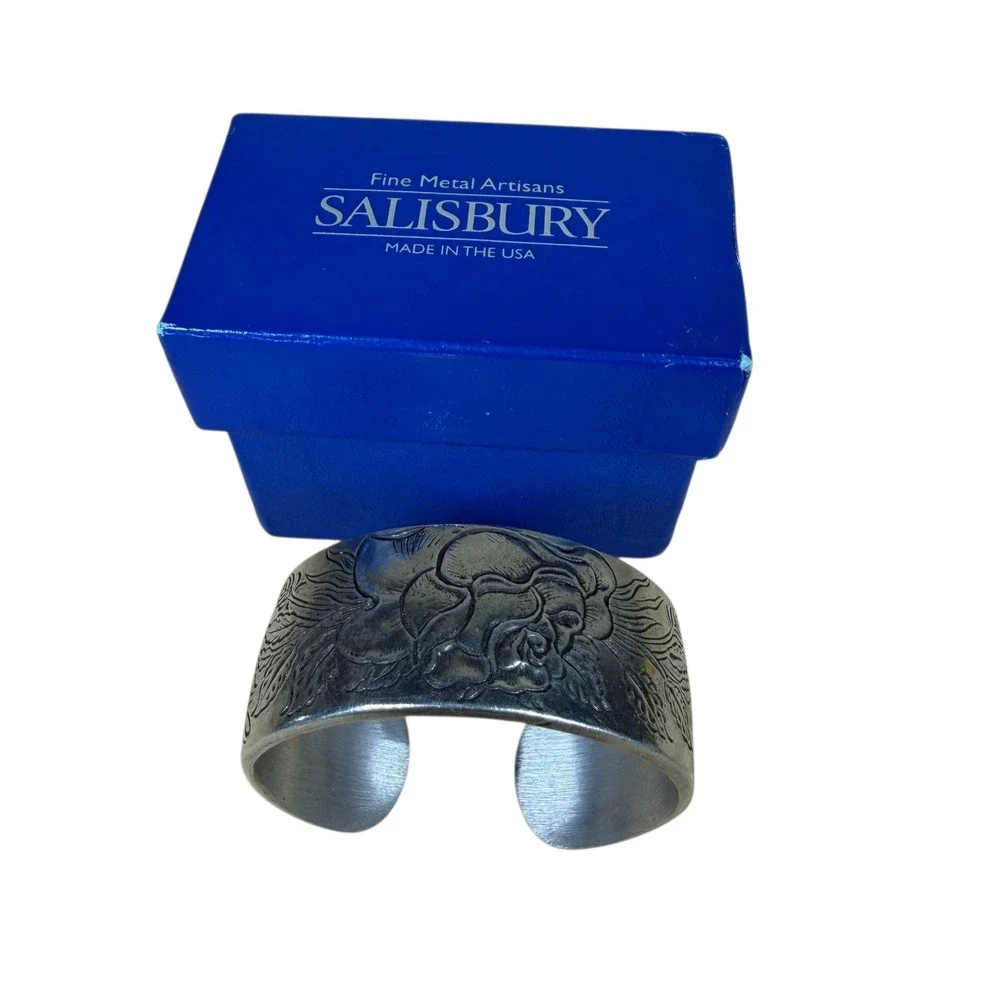 Vintage Salisbury Fine Metal Artisans Pewter Rose Floral June Cuff Bracelet 7.5